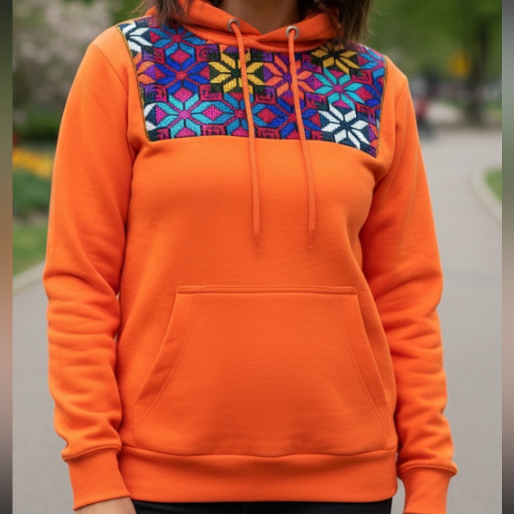 Orange Geometric embroidery Patterned Women's Hoodie